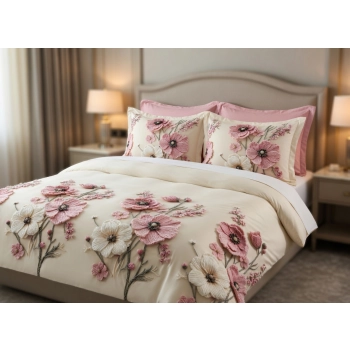 Pościel 160x200 różowe kwiaty z prześcieradłem – komplet premium 4cz PK817